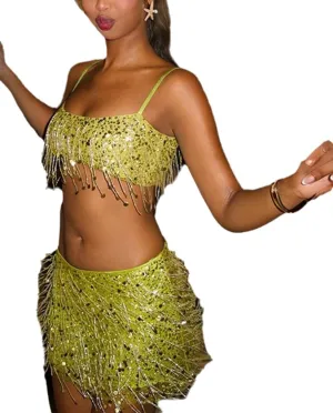 THLAI Women Sequin 2 Piece Skirt Sets Strap Sleeveless Tassel Crop Top and Mini Skirt Set Summer Party Club Outfits
