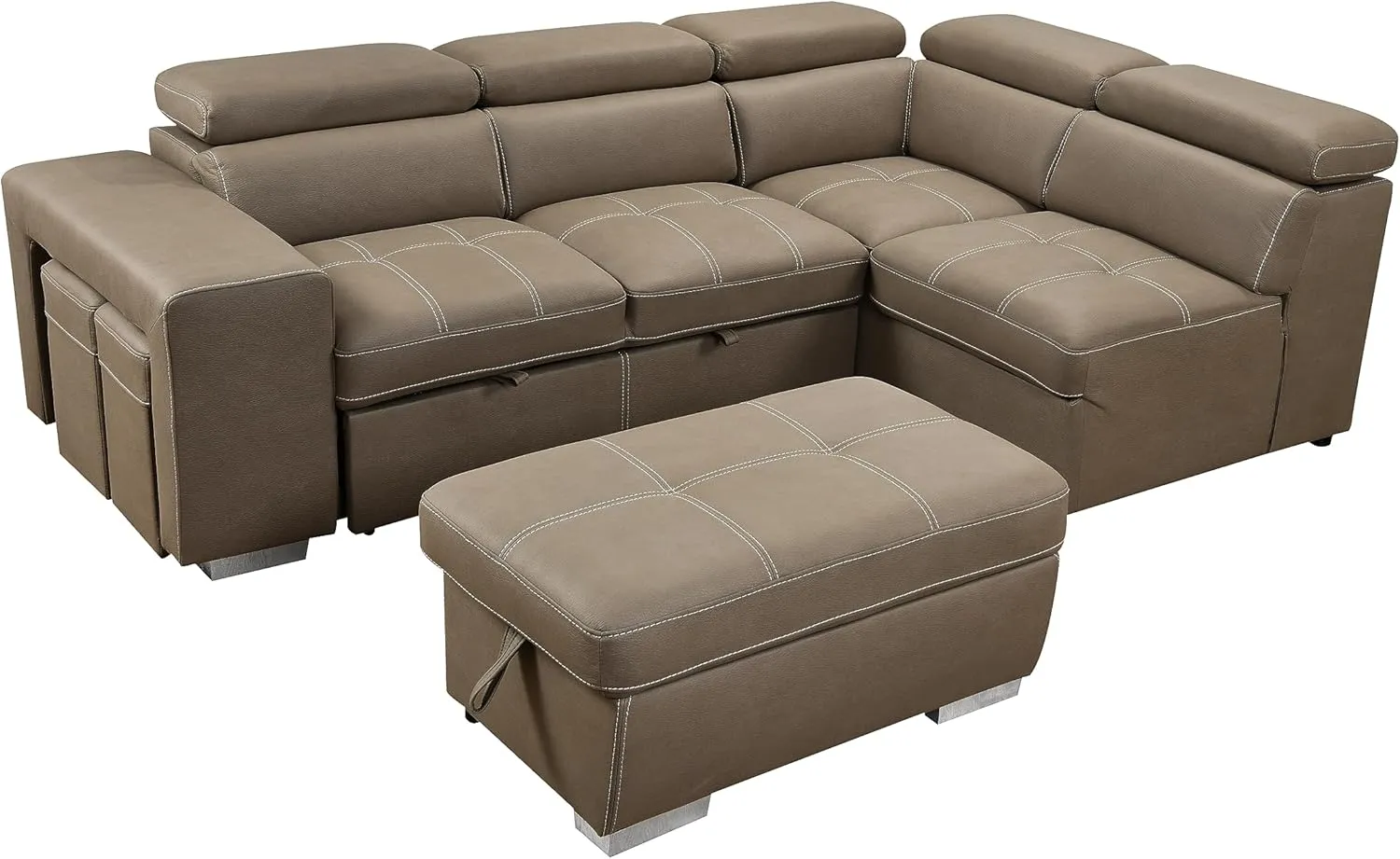 THSUPER 104'' Microfiber L Shaped Sectional Sleeper Sofa Couch with Pull Out Bed and Storage Ottoman, Convertible Couches with Adjustable Headrest for Living Room, Right Facing Chaise. Light Brown