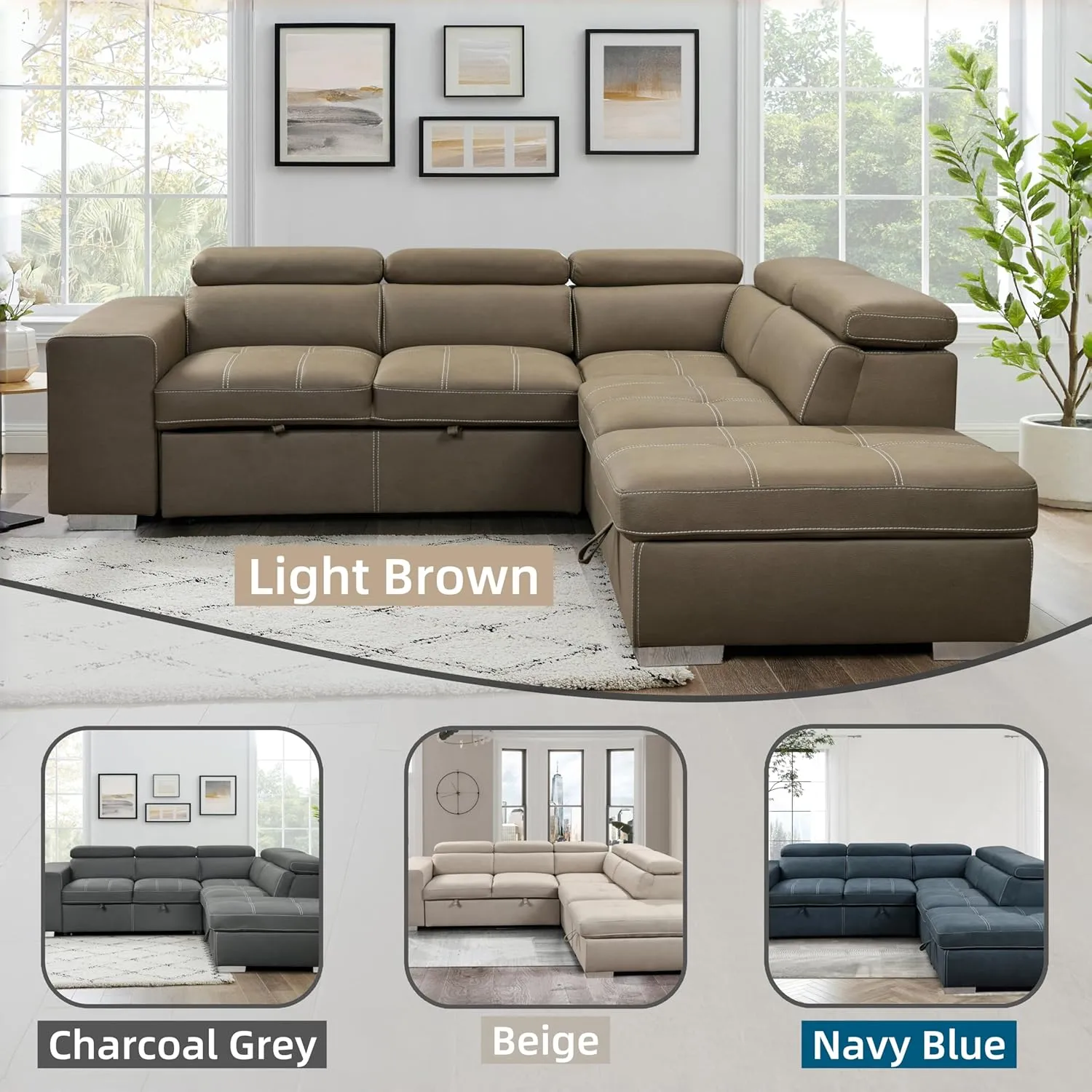 THSUPER 104'' Microfiber L Shaped Sectional Sleeper Sofa Couch with Pull Out Bed and Storage Ottoman, Convertible Couches with Adjustable Headrest for Living Room, Right Facing Chaise. Light Brown