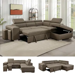 THSUPER 104'' Microfiber L Shaped Sectional Sleeper Sofa Couch with Pull Out Bed and Storage Ottoman, Convertible Couches with Adjustable Headrest for Living Room, Right Facing Chaise. Light Brown
