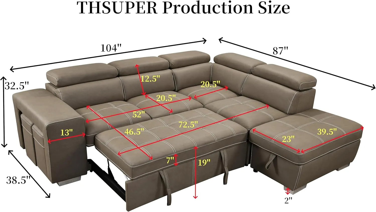 THSUPER 104'' Microfiber L Shaped Sectional Sleeper Sofa Couch with Pull Out Bed and Storage Ottoman, Convertible Couches with Adjustable Headrest for Living Room, Right Facing Chaise. Light Brown