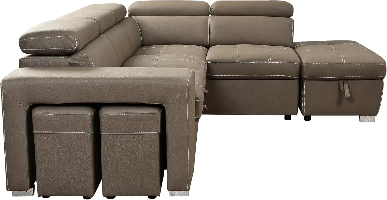 THSUPER 104'' Microfiber L Shaped Sectional Sleeper Sofa Couch with Pull Out Bed and Storage Ottoman, Convertible Couches with Adjustable Headrest for Living Room, Right Facing Chaise. Light Brown