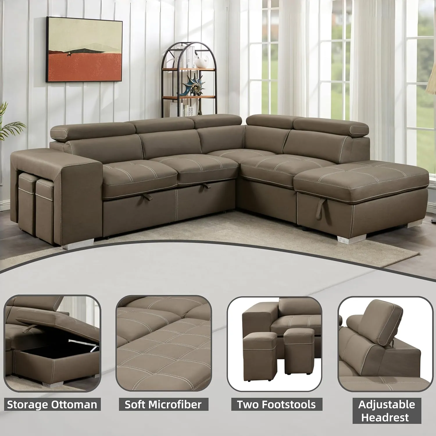 THSUPER 104'' Microfiber L Shaped Sectional Sleeper Sofa Couch with Pull Out Bed and Storage Ottoman, Convertible Couches with Adjustable Headrest for Living Room, Right Facing Chaise. Light Brown