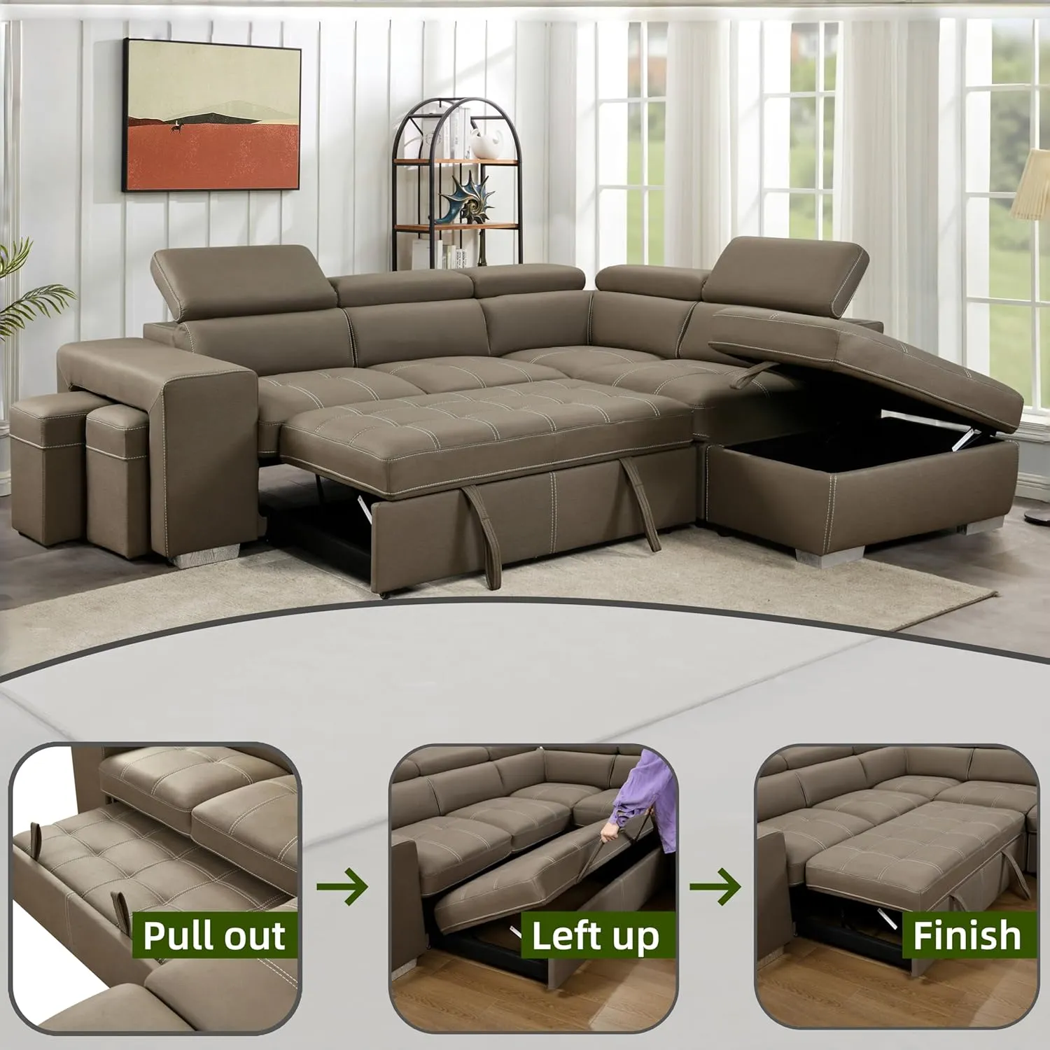 THSUPER 104'' Microfiber L Shaped Sectional Sleeper Sofa Couch with Pull Out Bed and Storage Ottoman, Convertible Couches with Adjustable Headrest for Living Room, Right Facing Chaise. Light Brown
