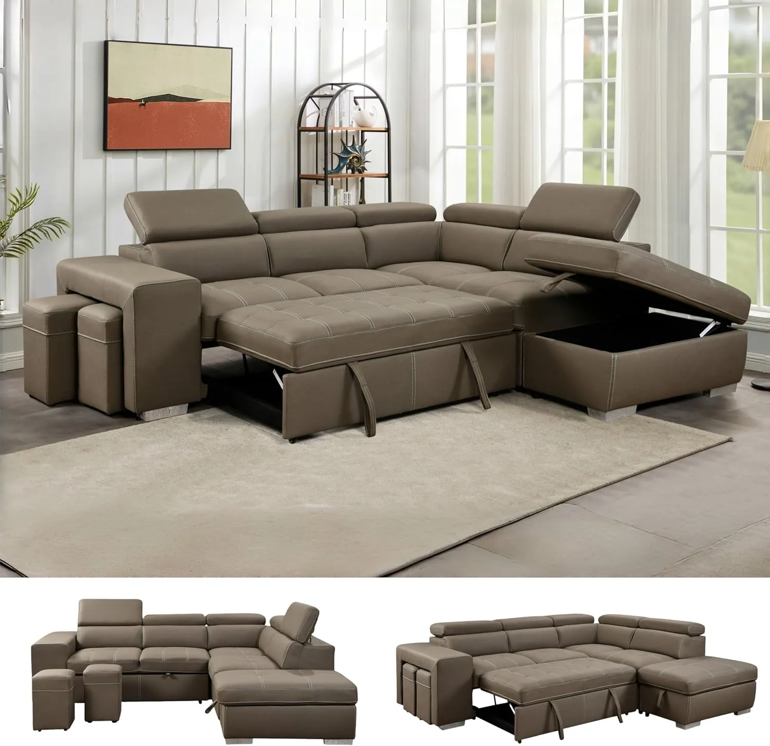 THSUPER 104'' Microfiber L Shaped Sectional Sleeper Sofa Couch with Pull Out Bed and Storage Ottoman, Convertible Couches with Adjustable Headrest for Living Room, Right Facing Chaise. Light Brown