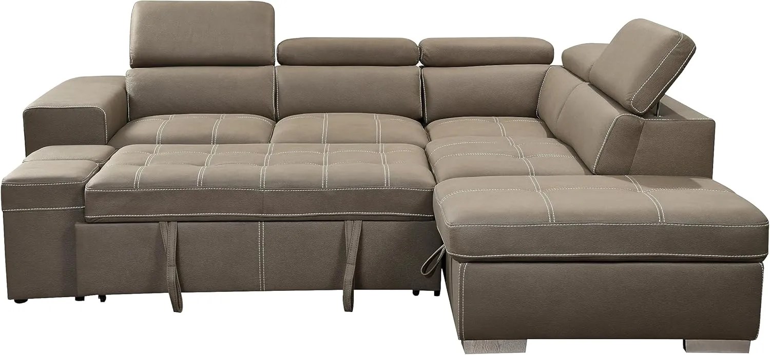THSUPER 104'' Microfiber L Shaped Sectional Sleeper Sofa Couch with Pull Out Bed and Storage Ottoman, Convertible Couches with Adjustable Headrest for Living Room, Right Facing Chaise. Light Brown