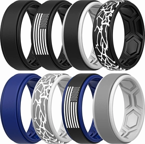 ThunderFit Silicone Wedding Rings for Men, Breathable Airflow Pattern 8mm Wide 2mm Thick - 1/4/5/8 Variety Multipack