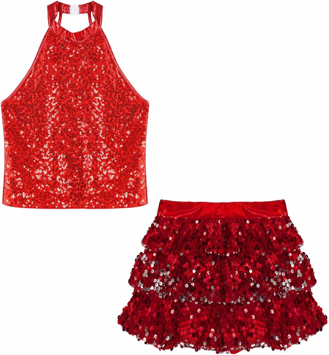 TiaoBug Kids Girls Latin Jazz Modern Salsa Samba Rumba Costume Sleeveless Sequins Crop Top with Skirted Shorts Set