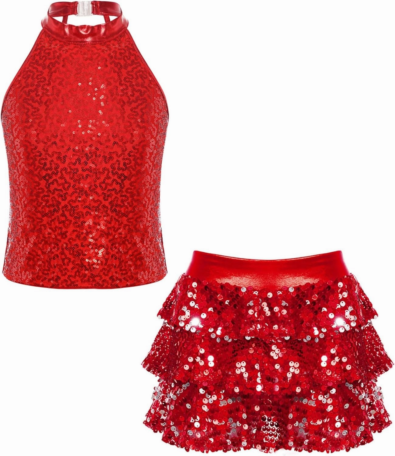 TiaoBug Kids Girls Latin Jazz Modern Salsa Samba Rumba Costume Sleeveless Sequins Crop Top with Skirted Shorts Set