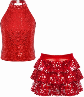 TiaoBug Kids Girls Latin Jazz Modern Salsa Samba Rumba Costume Sleeveless Sequins Crop Top with Skirted Shorts Set