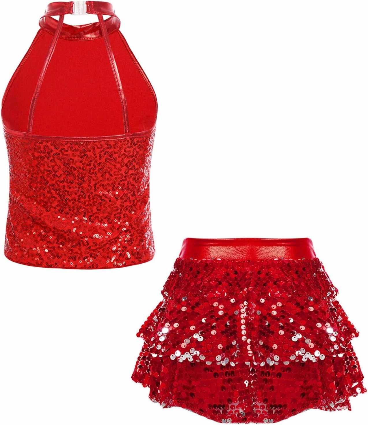 TiaoBug Kids Girls Latin Jazz Modern Salsa Samba Rumba Costume Sleeveless Sequins Crop Top with Skirted Shorts Set