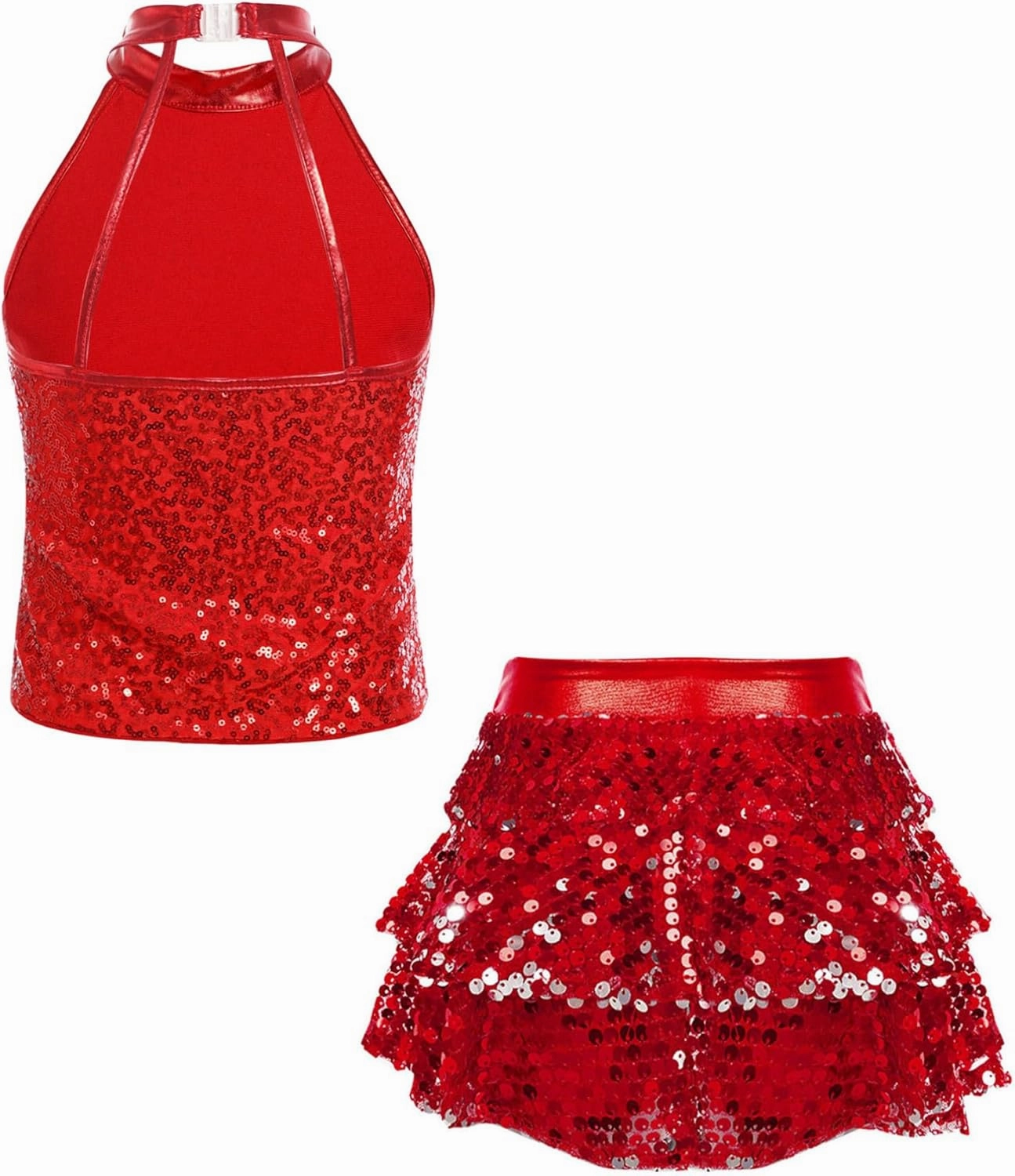 TiaoBug Kids Girls Latin Jazz Modern Salsa Samba Rumba Costume Sleeveless Sequins Crop Top with Skirted Shorts Set