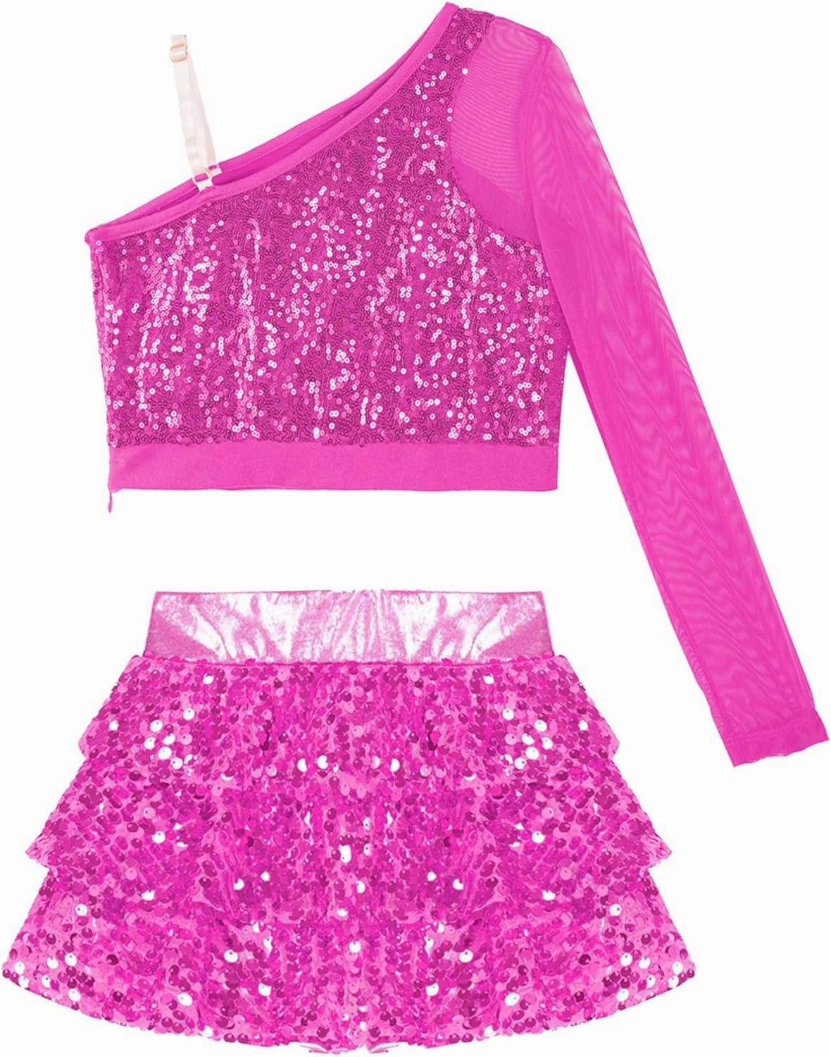 TiaoBug Kids Girls Sequins Samba Latin Jazz Dance Costume Long Sleeve One Shoulder Crop Top with Ruffle Skirted Shorts