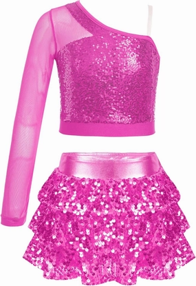 TiaoBug Kids Girls Sequins Samba Latin Jazz Dance Costume Long Sleeve One Shoulder Crop Top with Ruffle Skirted Shorts
