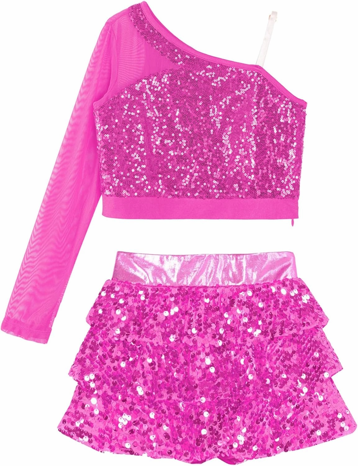 TiaoBug Kids Girls Sequins Samba Latin Jazz Dance Costume Long Sleeve One Shoulder Crop Top with Ruffle Skirted Shorts