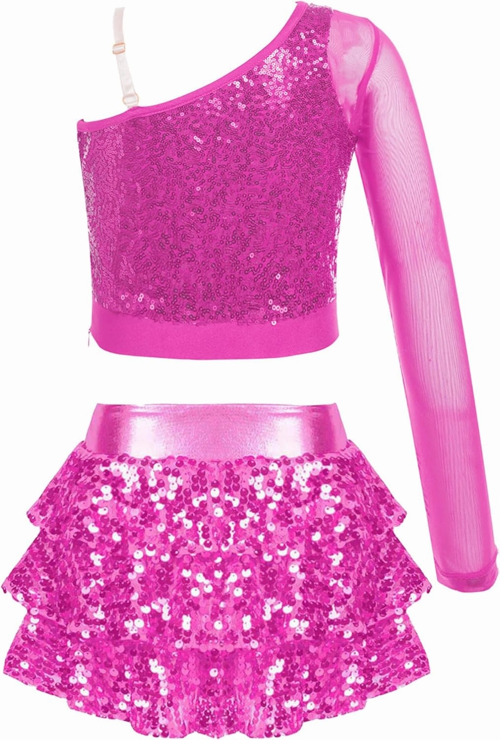 TiaoBug Kids Girls Sequins Samba Latin Jazz Dance Costume Long Sleeve One Shoulder Crop Top with Ruffle Skirted Shorts