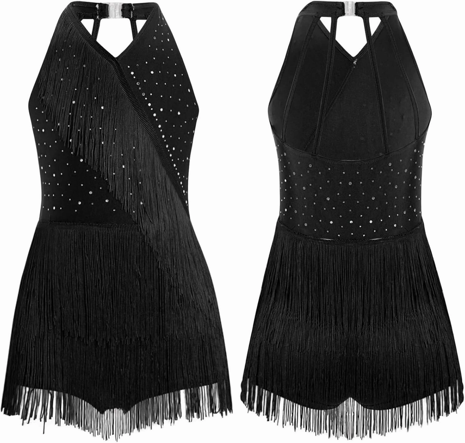 TiaoBug Kids Girls Shiny Tassel Gymnastics Leotard Jazz Modern Salsa Rumba Samba Latin Dance Jumpsuit Bodysuit Dancewear
