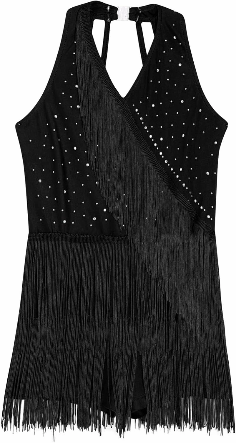 TiaoBug Kids Girls Shiny Tassel Gymnastics Leotard Jazz Modern Salsa Rumba Samba Latin Dance Jumpsuit Bodysuit Dancewear