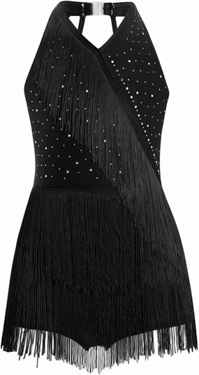 TiaoBug Kids Girls Shiny Tassel Gymnastics Leotard Jazz Modern Salsa Rumba Samba Latin Dance Jumpsuit Bodysuit Dancewear