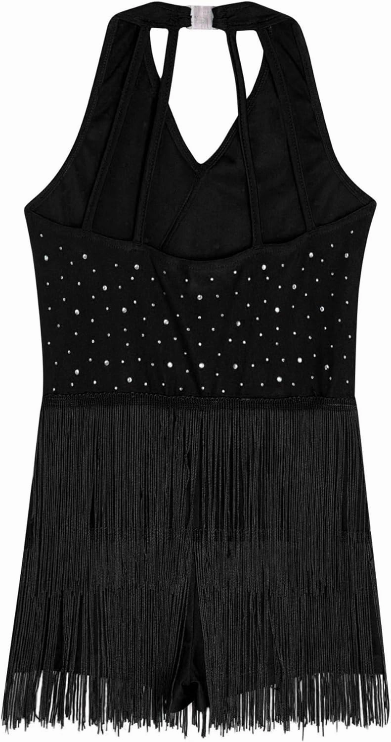 TiaoBug Kids Girls Shiny Tassel Gymnastics Leotard Jazz Modern Salsa Rumba Samba Latin Dance Jumpsuit Bodysuit Dancewear