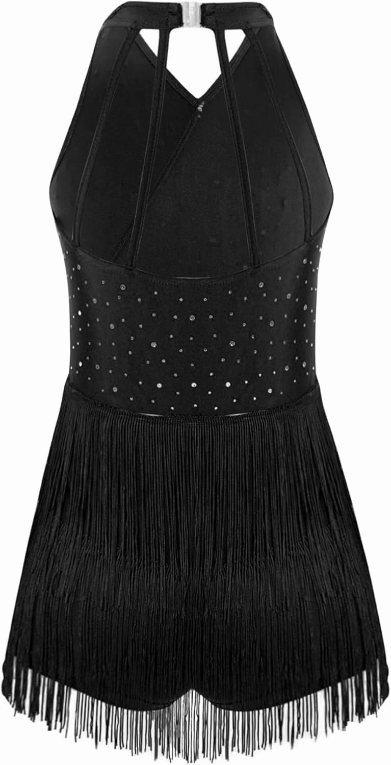 TiaoBug Kids Girls Shiny Tassel Gymnastics Leotard Jazz Modern Salsa Rumba Samba Latin Dance Jumpsuit Bodysuit Dancewear