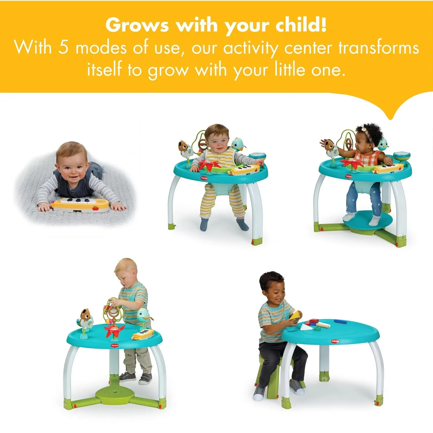 Tiny Love 5-in-1 Stationary Activity Center, 5 Modes of use: Tummy time, Stationary Activity Center, Baby Balance Board, Toddler Activity Table, Child Table and Chair, TL Meadow Days