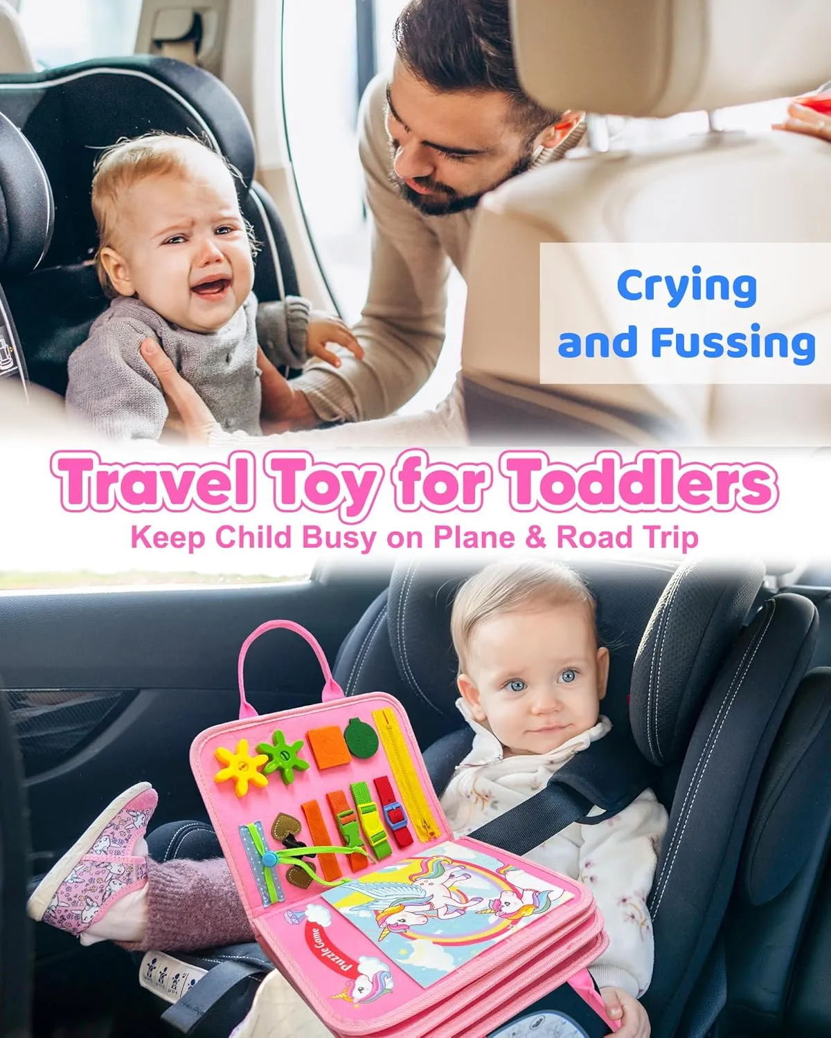 Toddler Busy Board Montessori Toys for 1 2 3 4 Year Old Girl Birthday Gifts, Busy Book Sensory Learning Toys for Toddlers 1-3, Educational Activities Airplane Car Travel Toy for Ages 2-4 Girl