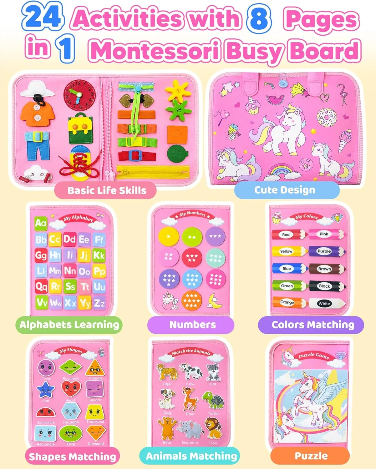Toddler Busy Board Montessori Toys for 1 2 3 4 Year Old Girl Birthday Gifts, Busy Book Sensory Learning Toys for Toddlers 1-3, Educational Activities Airplane Car Travel Toy for Ages 2-4 Girl