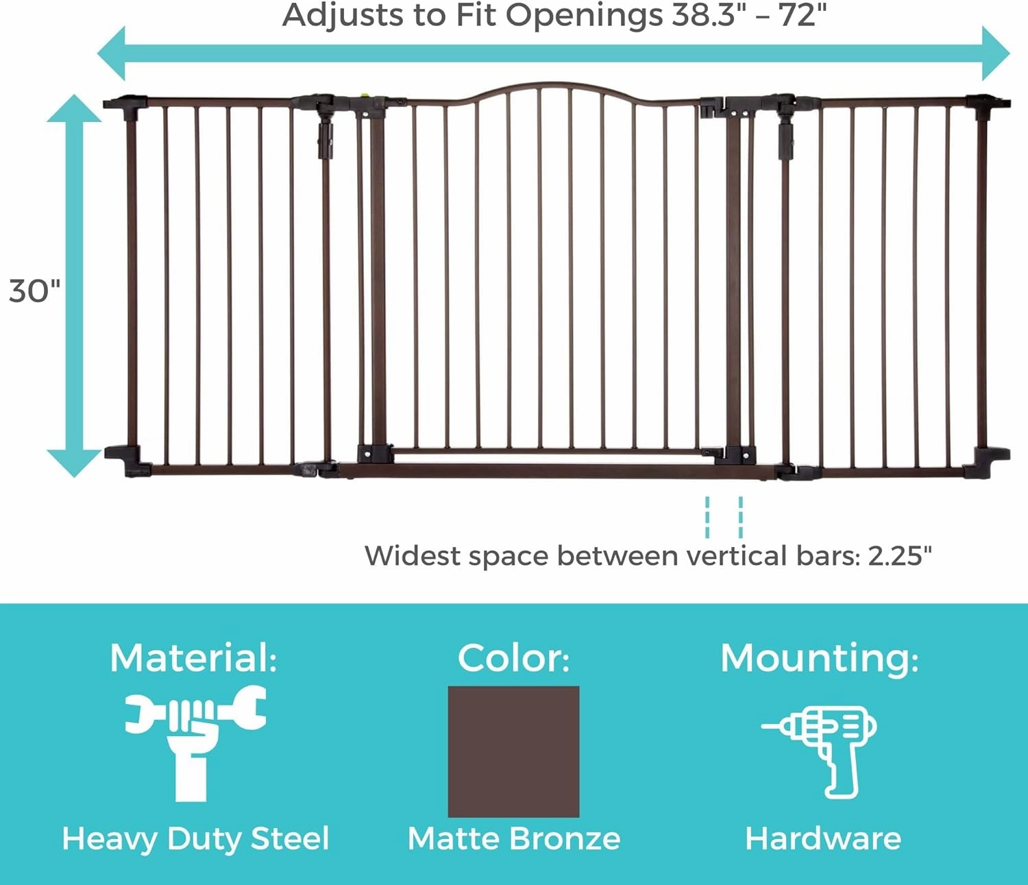 Toddleroo by North States 72” wide Deluxe Décor Baby Gate: Sturdy safety gate with one hand operation. Extra wide baby gate. Hardware Mount. Fits 38.3 - 72” Wide. (30" Tall, Matte Bronze)