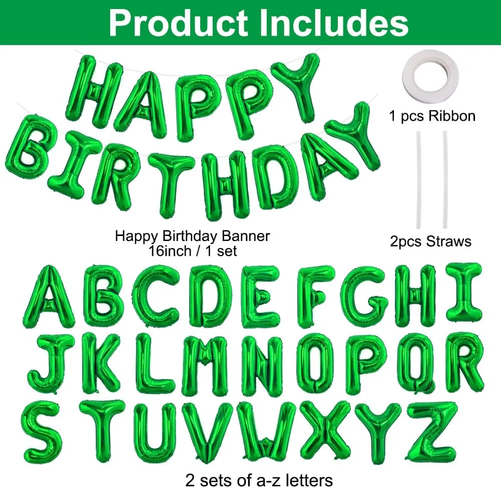 TONIFUL 65 Pcs 16 Inch Green Happy Birthday Balloons and 2 Sets A-Z Foil Letters Balloons DIY Personalized Phrase Banner for Birthday Celebration Halloween Thanksgiving Christmas Party Decorations