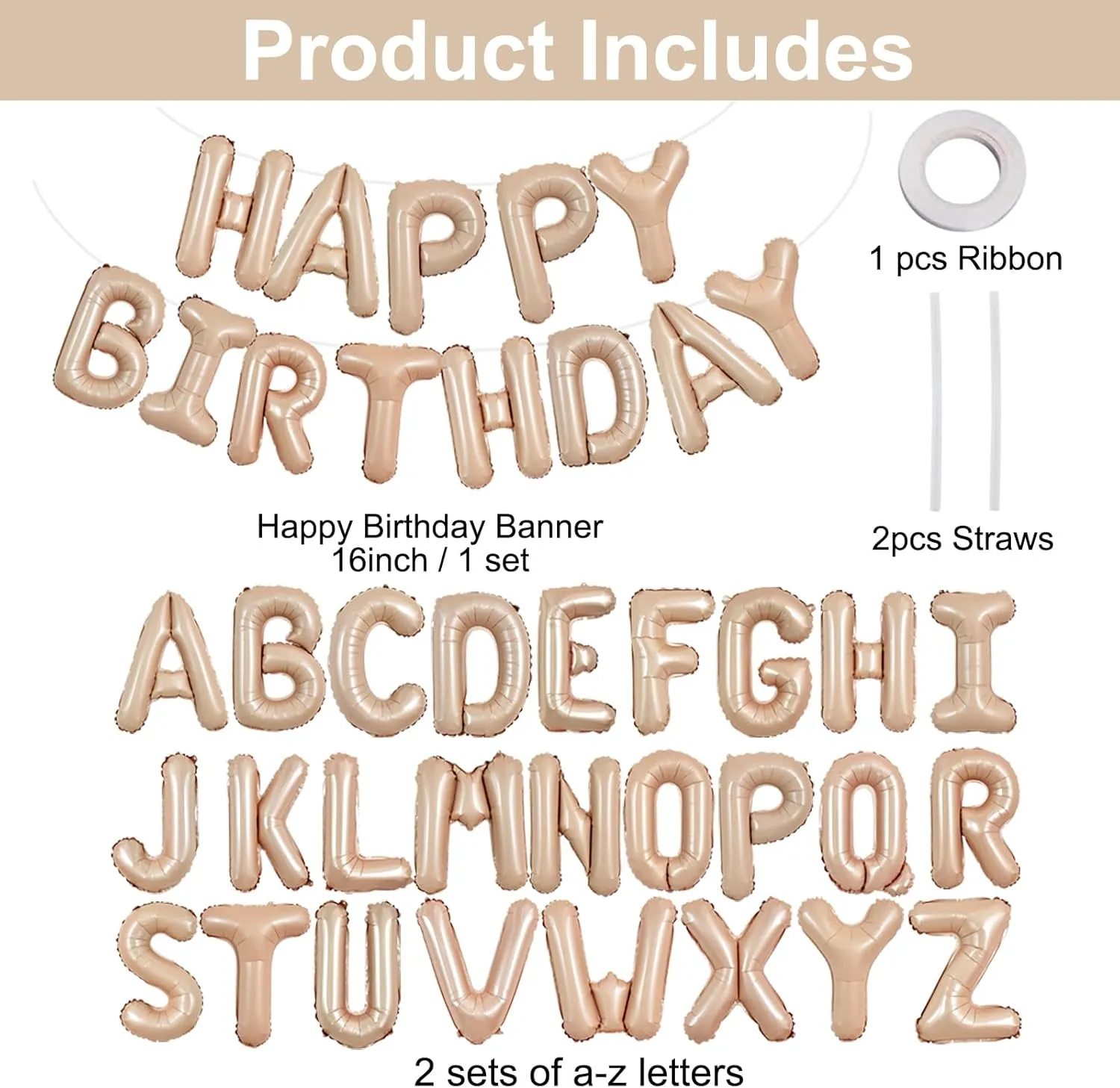 TONIFUL 65 Pcs Personalized Name Letter A-Z Balloons 16 Inch Caramel Happy Birthday Balloon and 2 Sets A-Z Foil Letter Balloons Create Your Own Name Banner for Birthday Celebration Party Decorations