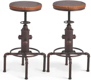 Topower Antique Vintage Industrial Barstool Solid Wood Water Pipe Fire Hydrant Design Cafe Coffee Industrial Bar Stool Set of 2 Red Bronze