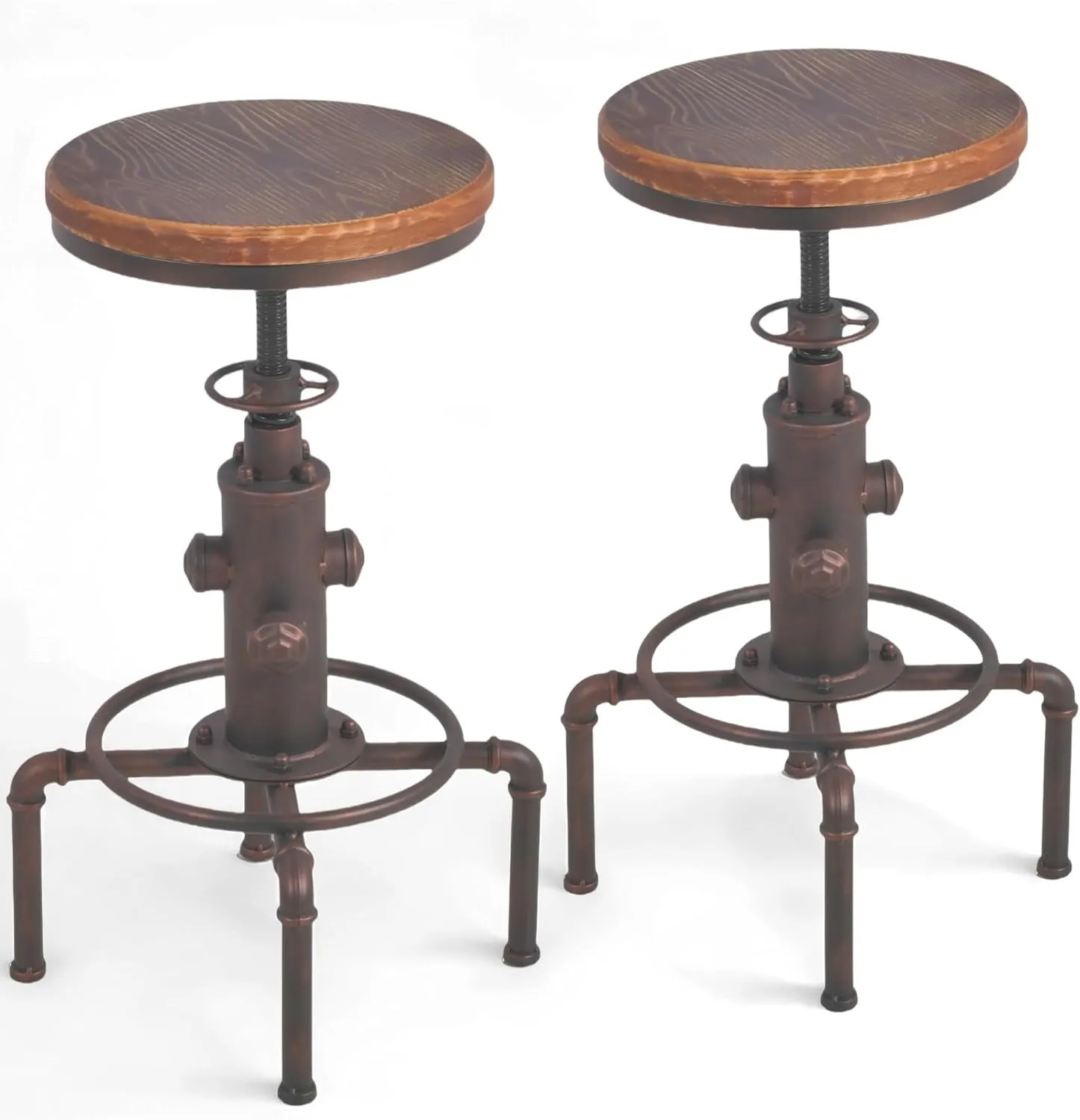 Topower Antique Vintage Industrial Barstool Solid Wood Water Pipe Fire Hydrant Design Cafe Coffee Industrial Bar Stool Set of 2 Red Bronze