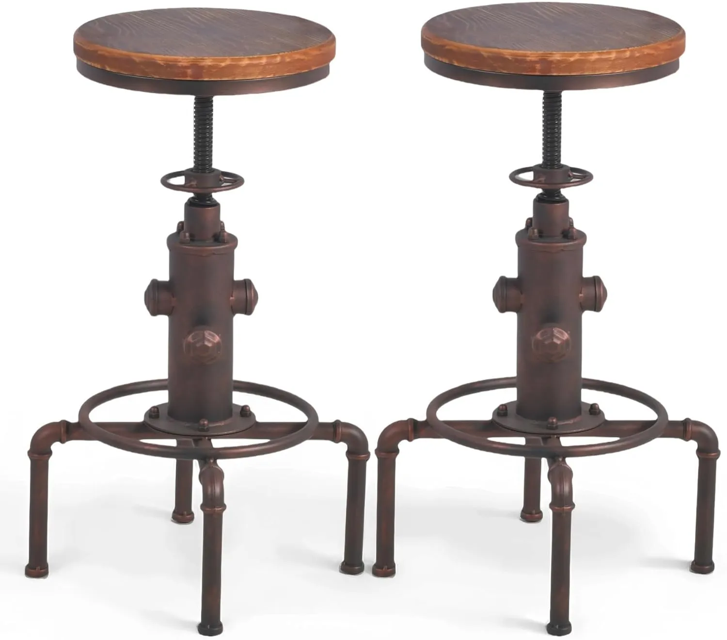 Topower Antique Vintage Industrial Barstool Solid Wood Water Pipe Fire Hydrant Design Cafe Coffee Industrial Bar Stool Set of 2 Red Bronze