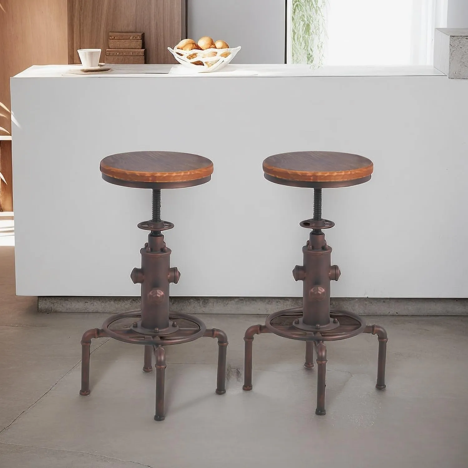 Topower Antique Vintage Industrial Barstool Solid Wood Water Pipe Fire Hydrant Design Cafe Coffee Industrial Bar Stool Set of 2 Red Bronze