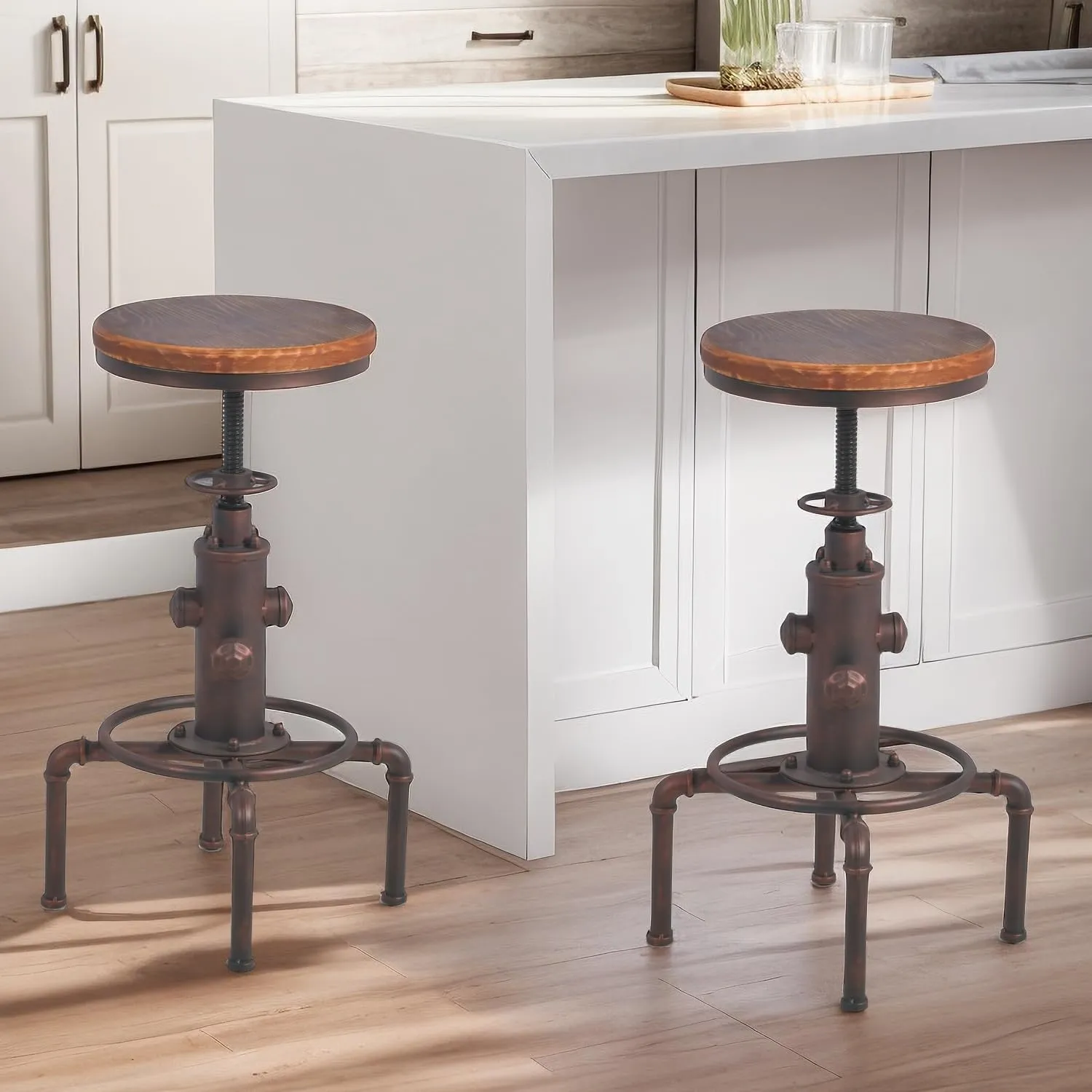 Topower Antique Vintage Industrial Barstool Solid Wood Water Pipe Fire Hydrant Design Cafe Coffee Industrial Bar Stool Set of 2 Red Bronze