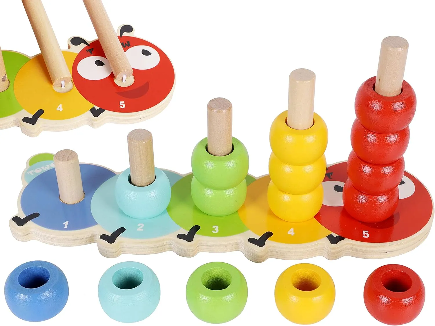 TOWO Wooden Stacking Rings Baby –Lovely Caterpillar Counting Game - Colour Sorting Puzzle - 5 Pegs Ring Stacker - Counting Rings Early Learning Wooden Toys for 1 Year Old Gift First Birthday Boy Girl