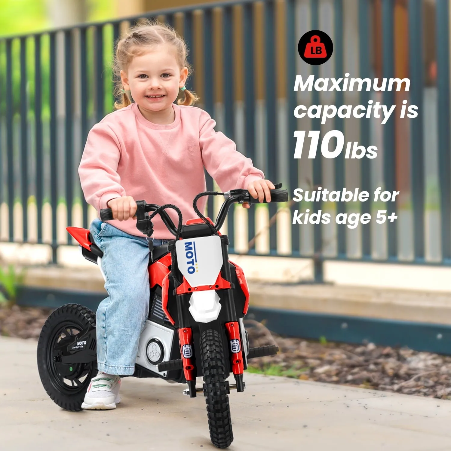 Track 7 24V Ride on Motorcycle, 200W Motocross Electric Dirt Bike with Hand Operated Brakes, Adjustable Speed, LED Lamp, Music, Max Speed 10mph, Electric Motorcycle for Kids Age 5 , Red