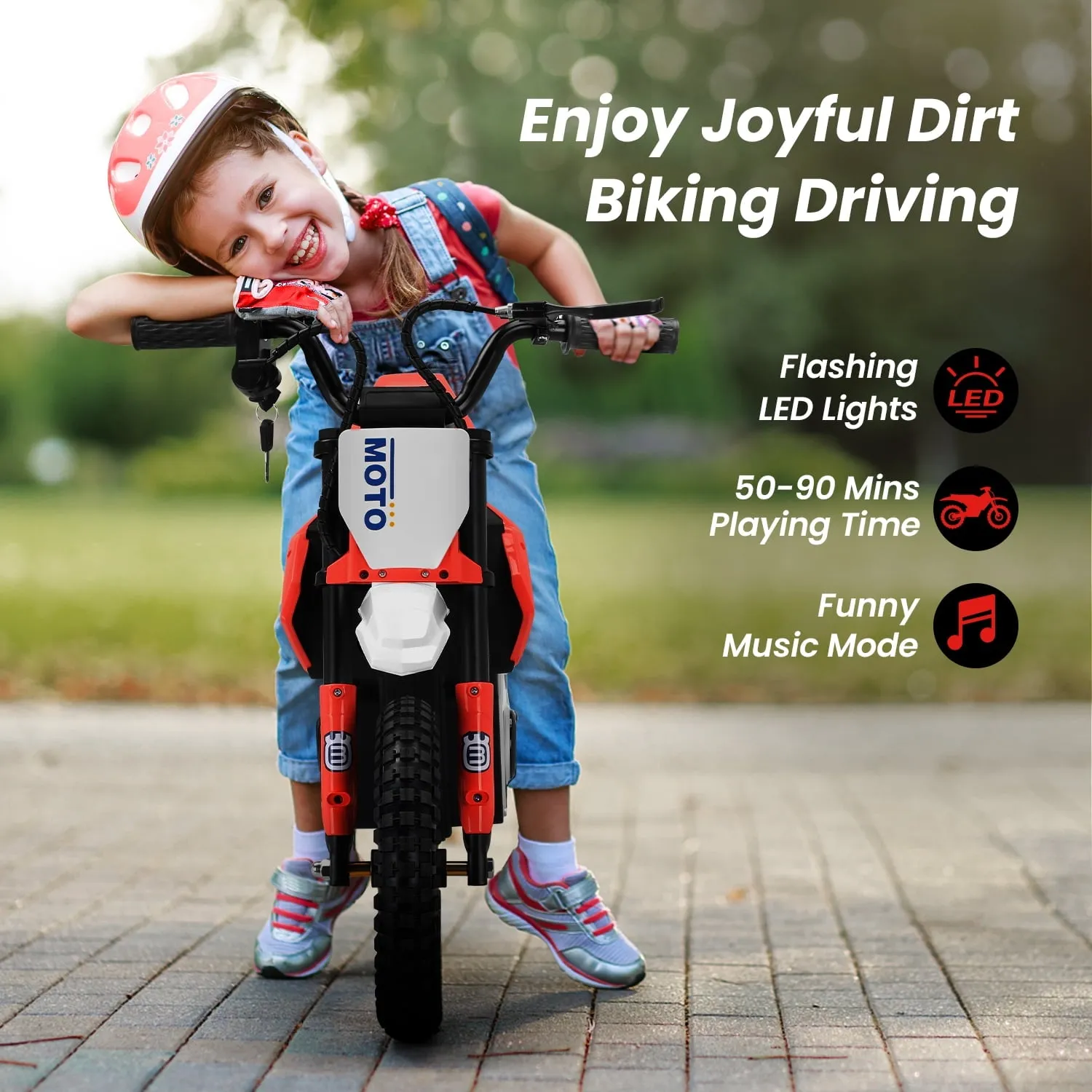 Track 7 24V Ride on Motorcycle, 200W Motocross Electric Dirt Bike with Hand Operated Brakes, Adjustable Speed, LED Lamp, Music, Max Speed 10mph, Electric Motorcycle for Kids Age 5 , Red