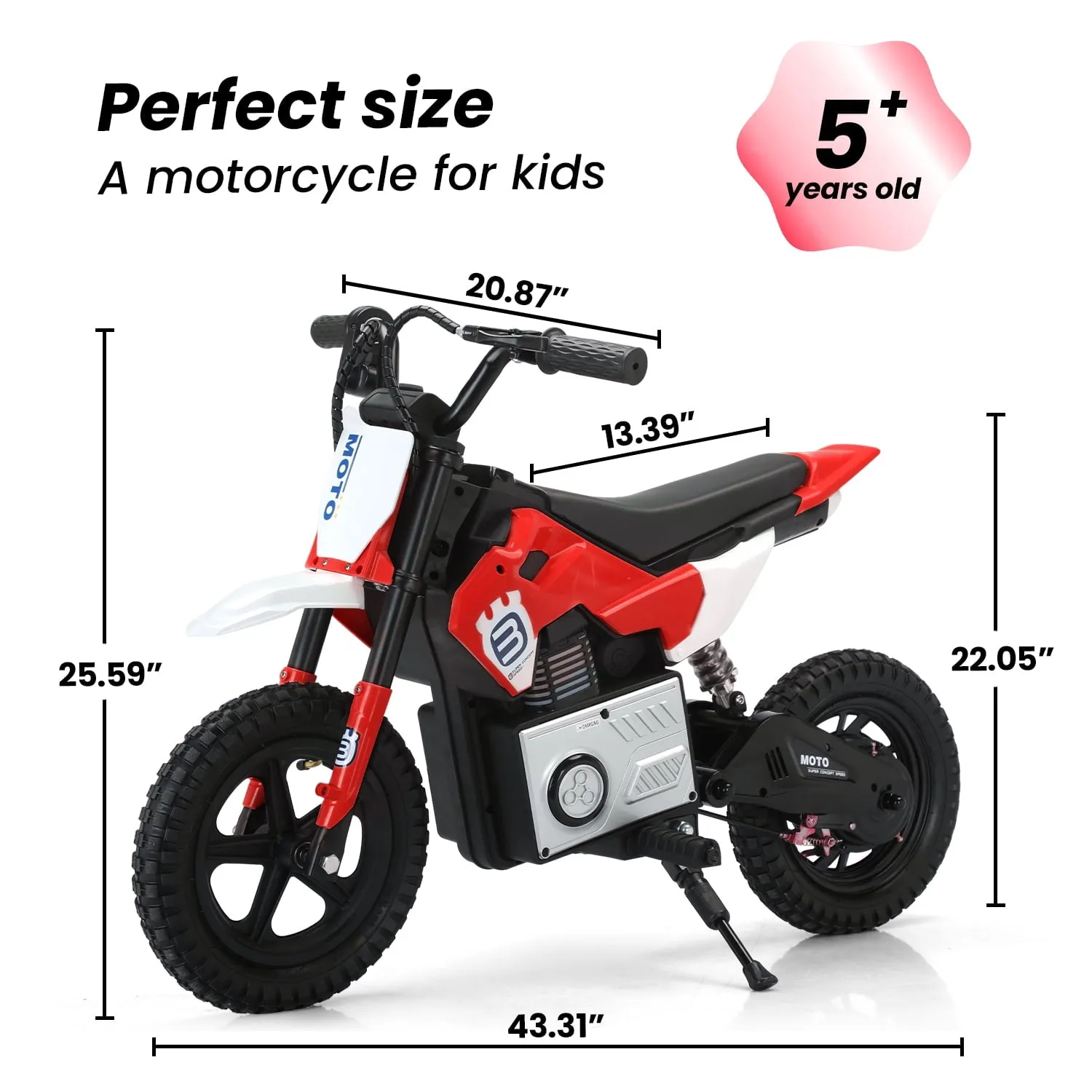 Track 7 24V Ride on Motorcycle, 200W Motocross Electric Dirt Bike with Hand Operated Brakes, Adjustable Speed, LED Lamp, Music, Max Speed 10mph, Electric Motorcycle for Kids Age 5 , Red
