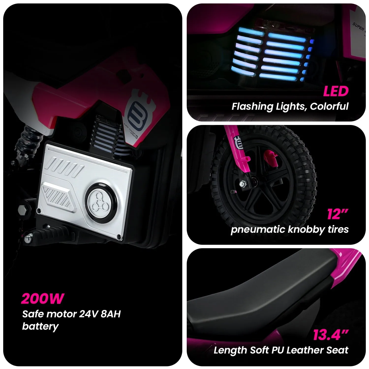 Track 7 24V Ride on Motorcycle, 200W Motocross Electric Dirt Bike with Hand Operated Brakes, Adjustable Speed, LED Lamp, Music, Max Speed 10mph, Electric Motorcycle for Kids Age 5 , Red