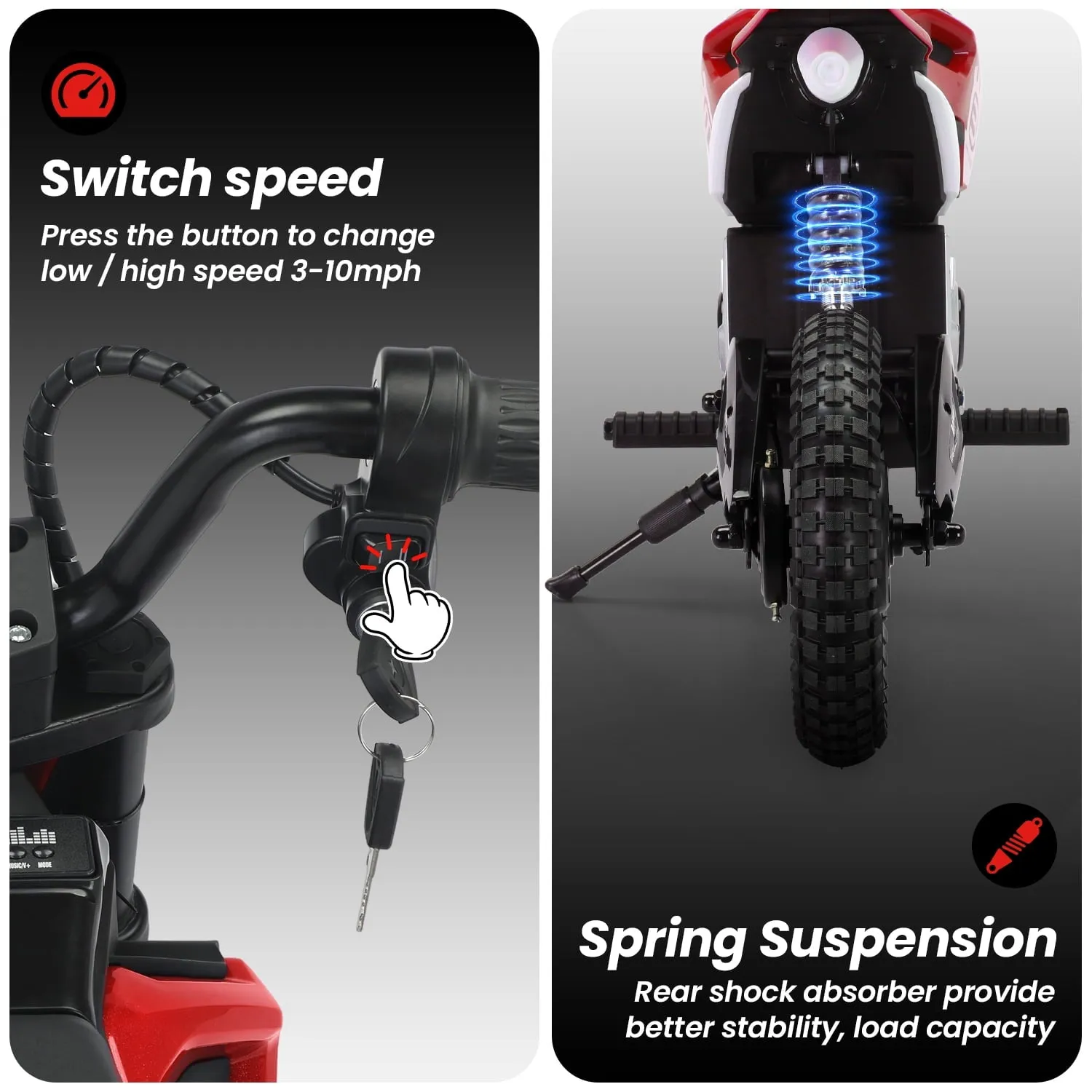 Track 7 24V Ride on Motorcycle, 200W Motocross Electric Dirt Bike with Hand Operated Brakes, Adjustable Speed, LED Lamp, Music, Max Speed 10mph, Electric Motorcycle for Kids Age 5 , Red