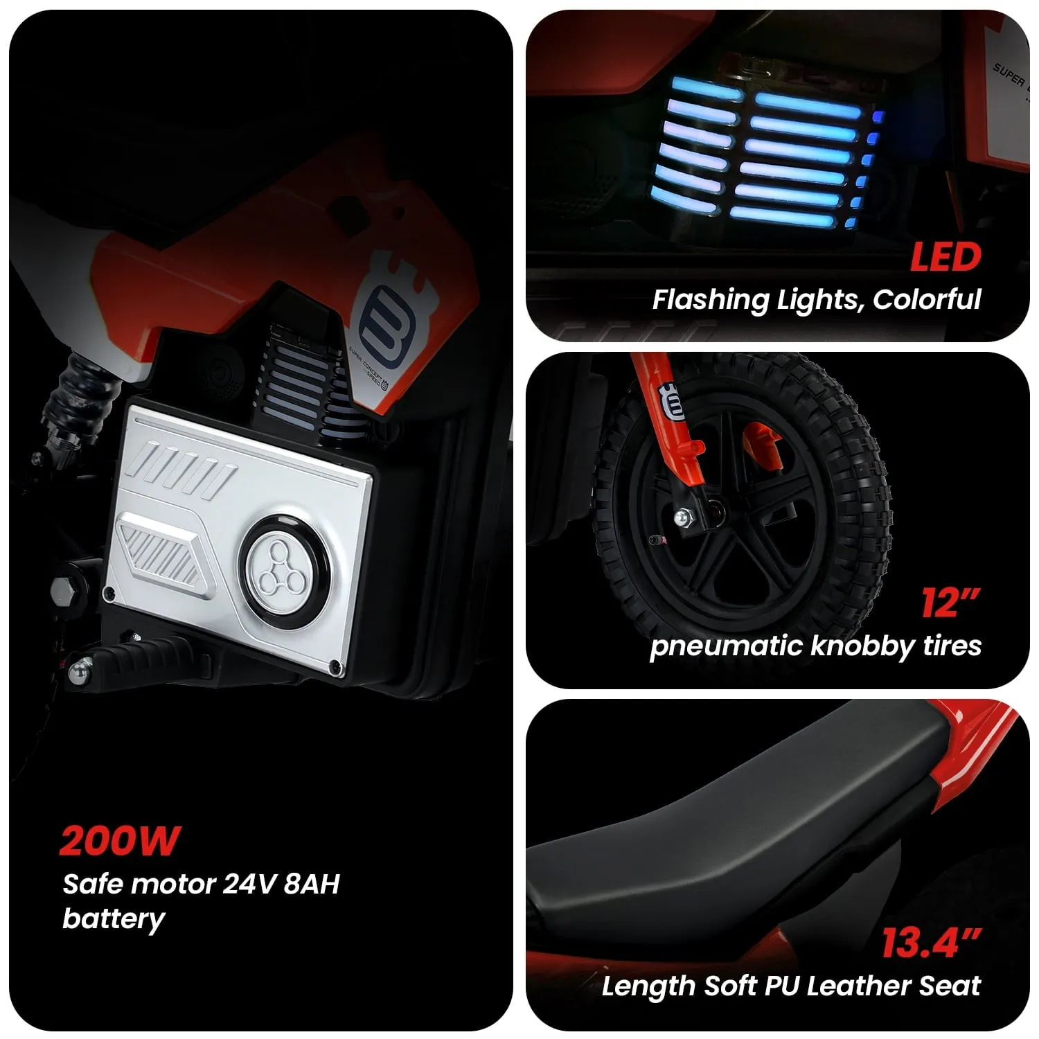 Track 7 24V Ride on Motorcycle, 200W Motocross Electric Dirt Bike with Hand Operated Brakes, Adjustable Speed, LED Lamp, Music, Max Speed 10mph, Electric Motorcycle for Kids Age 5 , Red