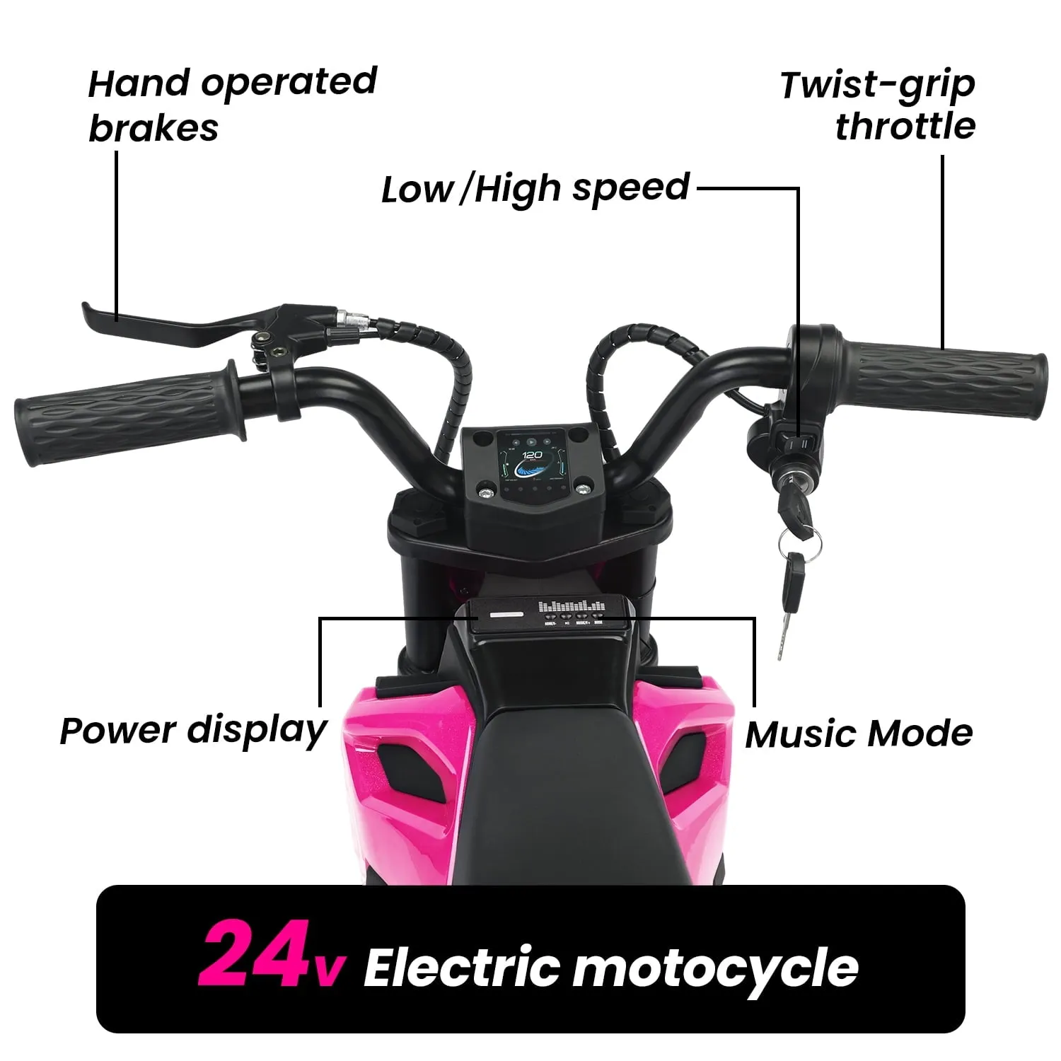 Track 7 24V Ride on Motorcycle, 200W Motocross Electric Dirt Bike with Hand Operated Brakes, Adjustable Speed, LED Lamp, Music, Max Speed 10mph, Electric Motorcycle for Kids Age 5 , Red
