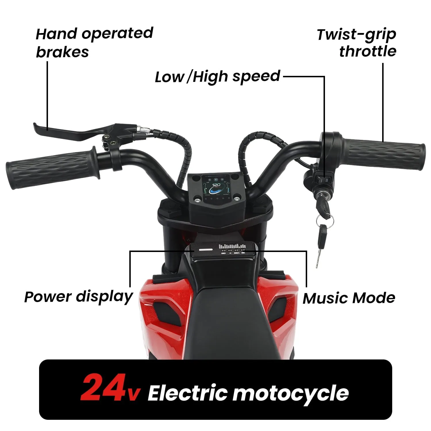 Track 7 24V Ride on Motorcycle, 200W Motocross Electric Dirt Bike with Hand Operated Brakes, Adjustable Speed, LED Lamp, Music, Max Speed 10mph, Electric Motorcycle for Kids Age 5 , Red