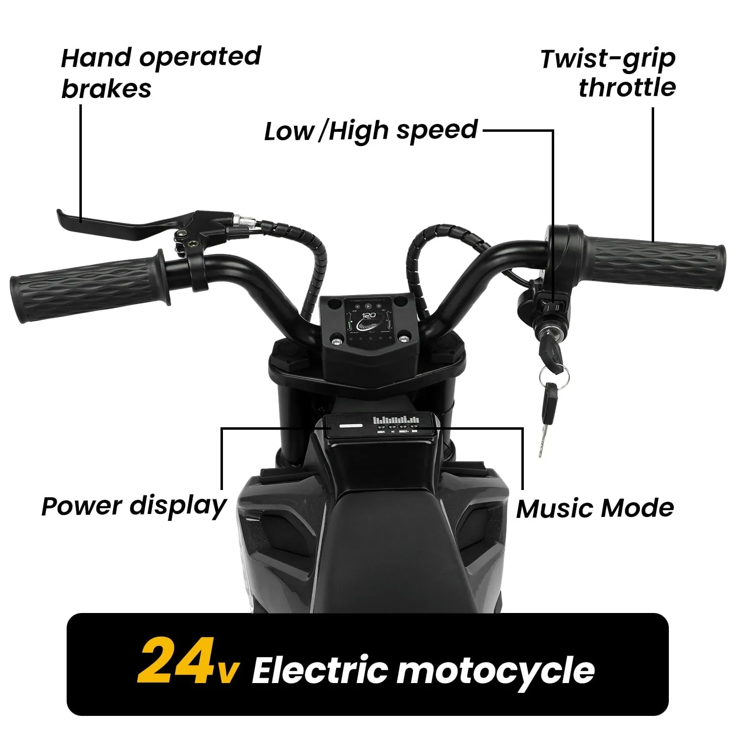 Track 7 24V Ride on Motorcycle, 200W Motocross Electric Dirt Bike with Hand Operated Brakes, Adjustable Speed, LED Lamp, Music, Max Speed 10mph, Electric Motorcycle for Kids Age 5 , Red