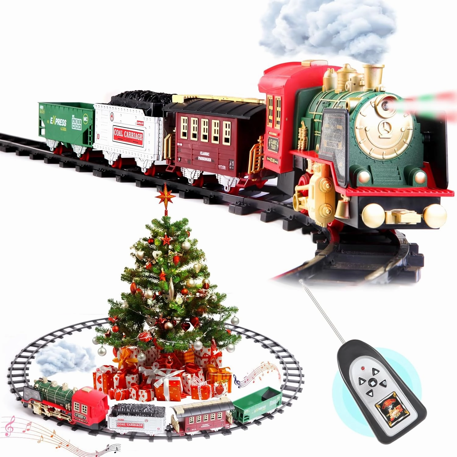 Train Set for Christmas Tree, Updated Chargeable Remote Control Electric Train Toy for Boys Girls w/Smokes, Lights & Sound, Railway Kits w/Steam Locomotive Engine, for 2 3 4 5 6 7 8  Year Old Kids