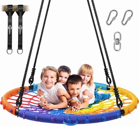 Trekassy 45“ 750lbs Spider Web Tree Swing for Kids Adults with Swivel, 2pcs Tree Hanging Straps, Steel Frame and Adjustable Ropes-Rainbow