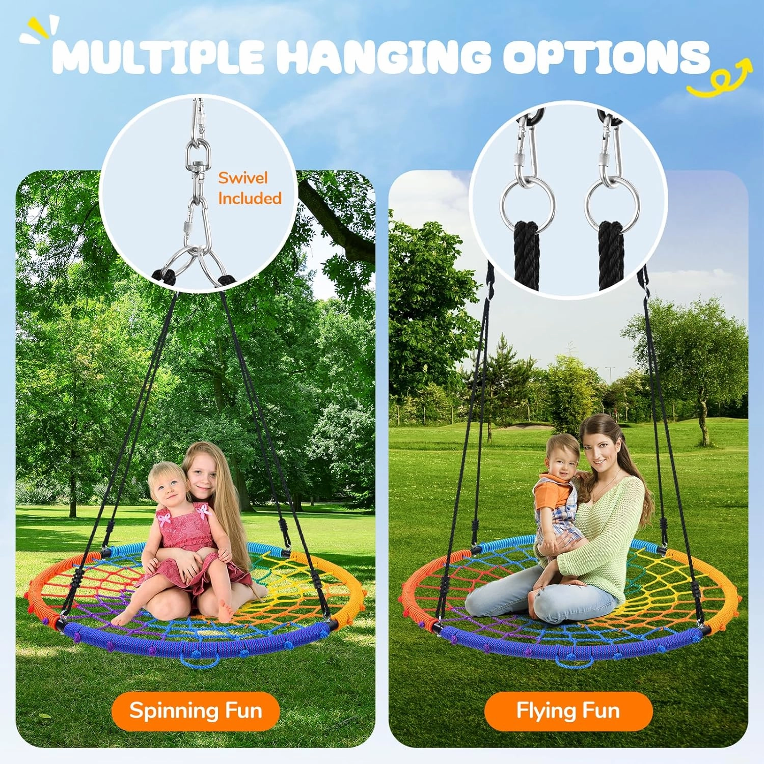 Trekassy 45“ 750lbs Spider Web Tree Swing for Kids Adults with Swivel, 2pcs Tree Hanging Straps, Steel Frame and Adjustable Ropes-Rainbow