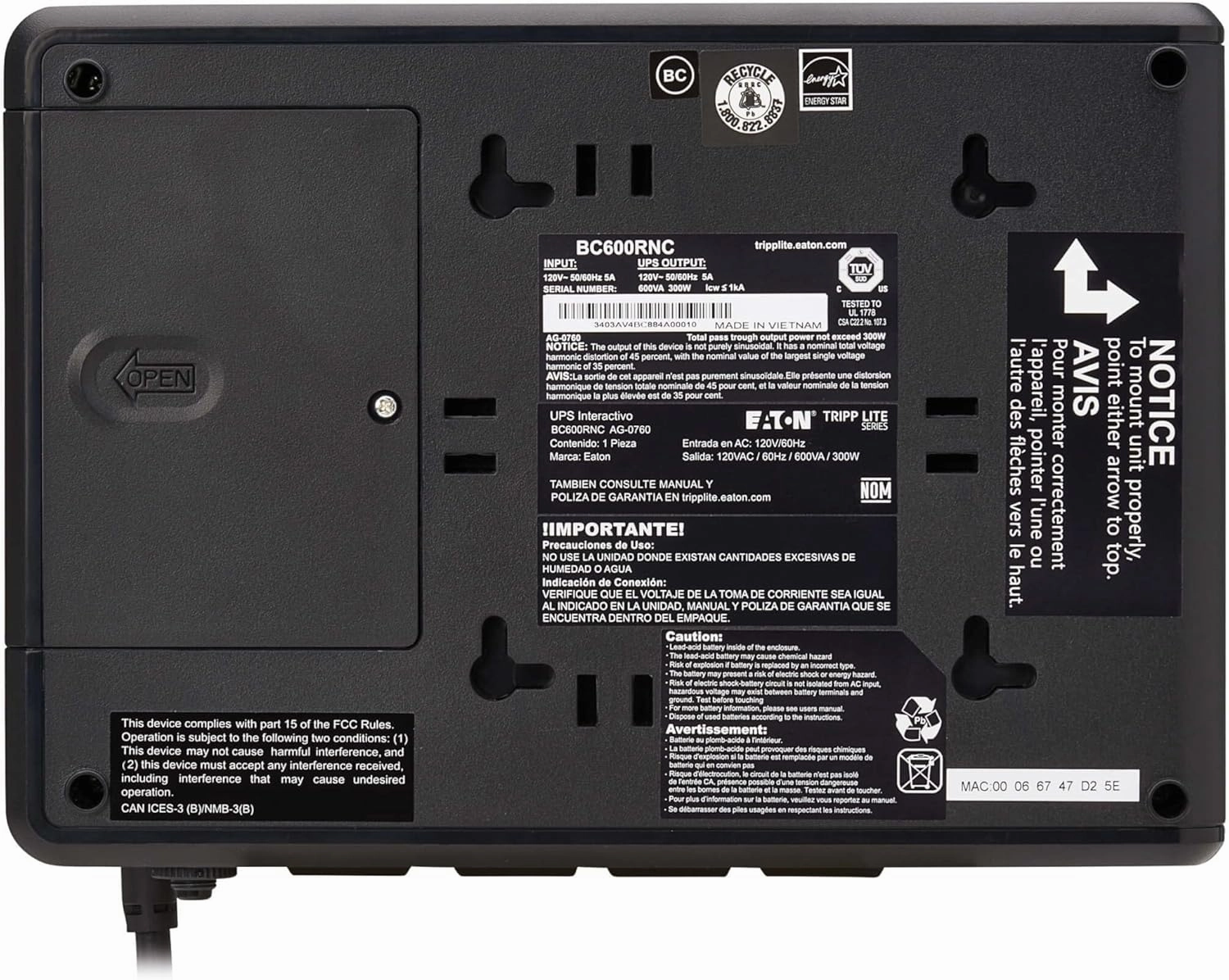 Tripp Lite Cloud-Connected 600VA UPS Battery Backup and Surge Protector, Remote Management & Monitoring, 300W, 4 Outlets, Computer UPS, Wall Mount Option, 5ft Cord, 3-Year Warranty (BC600RNC)